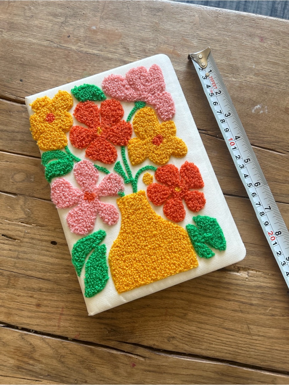 Cutest Embroidered Journal Yellow Vase Floral Punch Needle Multicolor- gift 8”